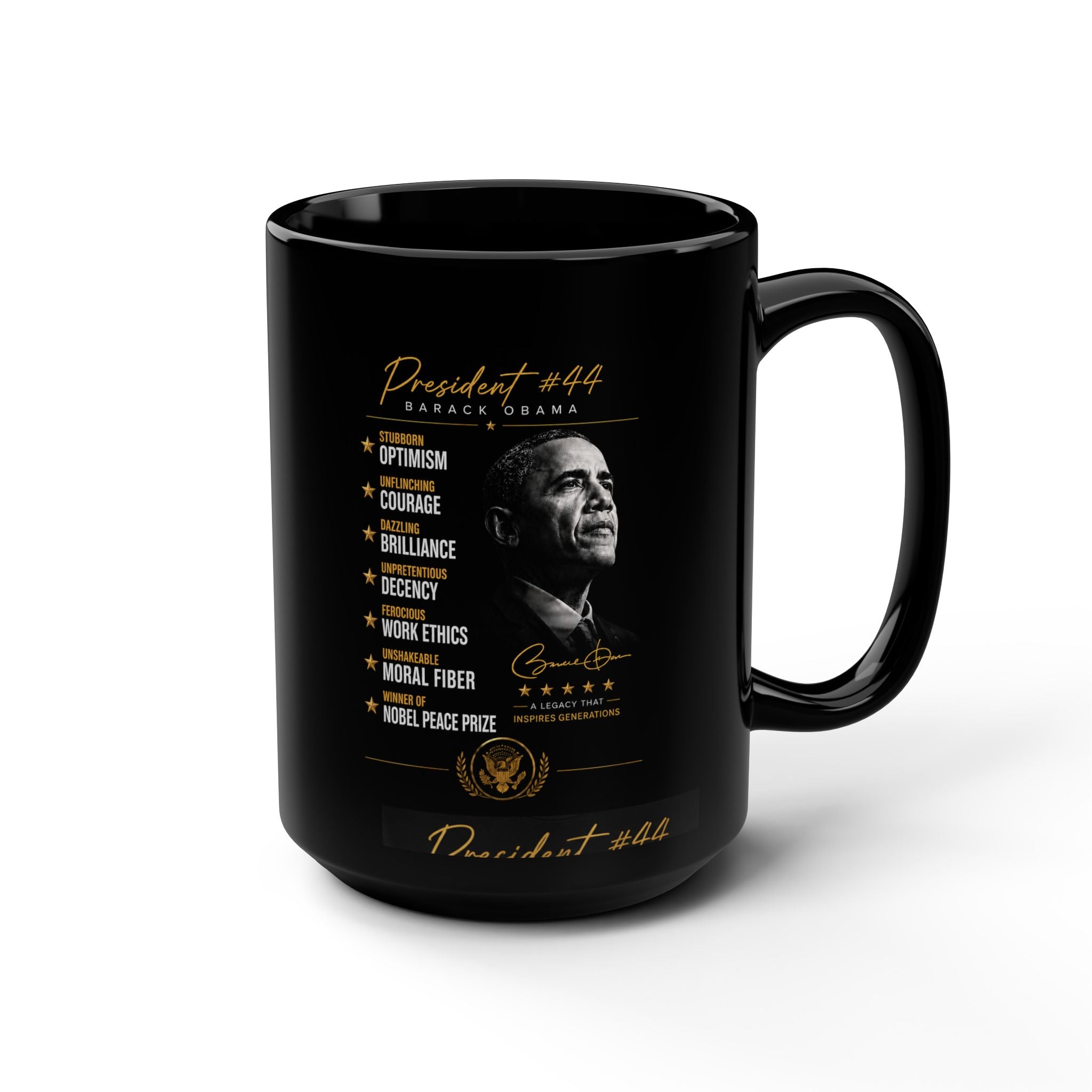 President #44 Portrait Mug | Inspirational Qualities List, Black 15oz